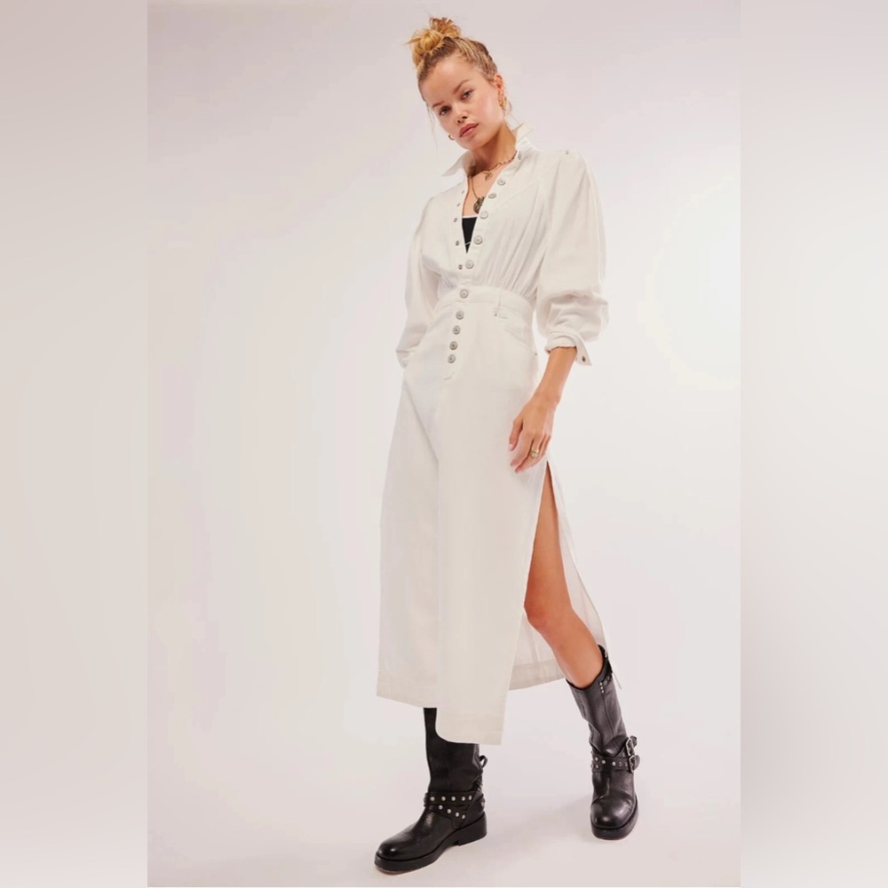 NWT Free People Mad Love White Denim Button Long Sleeve Dress L